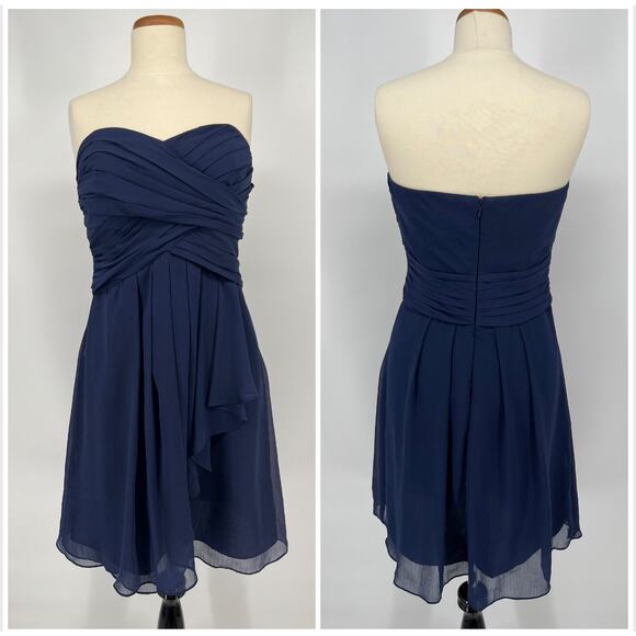 David’s Bridal Marine Navy Blue Dress 10 Strapless Crepe Chiffon Ruched Cascade - Picture 1 of 12